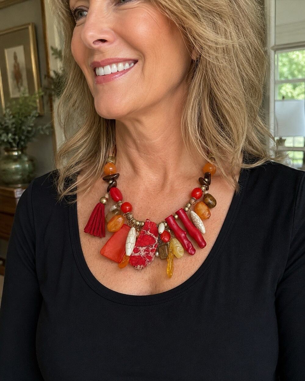 Vintage Chico’s Red Statement Necklace Tassel Faux Coral Stone Boho Adjustable
